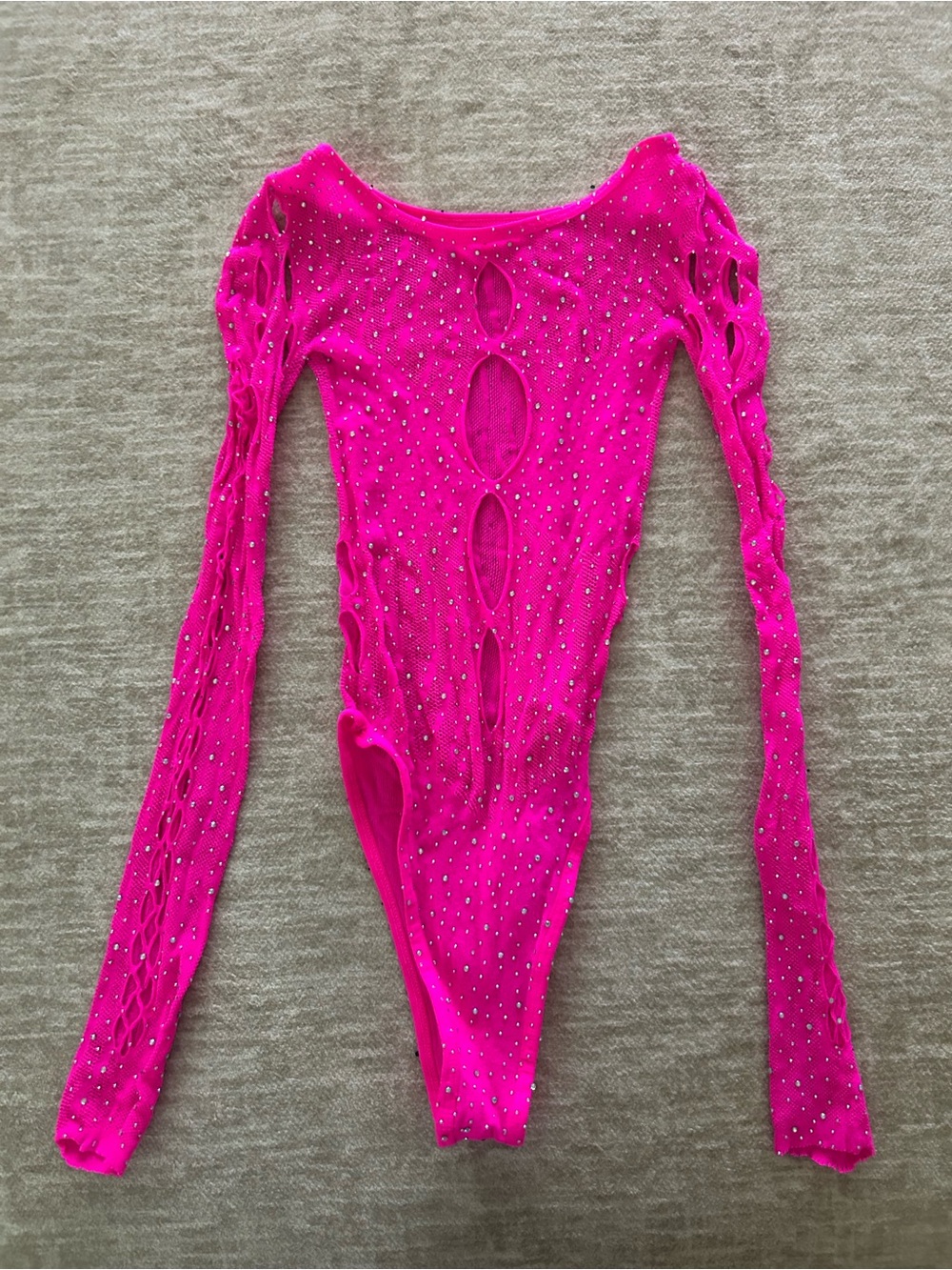 SHEIN Neon Pink Rhinestone Long Sleeve Cutout Bodysuit